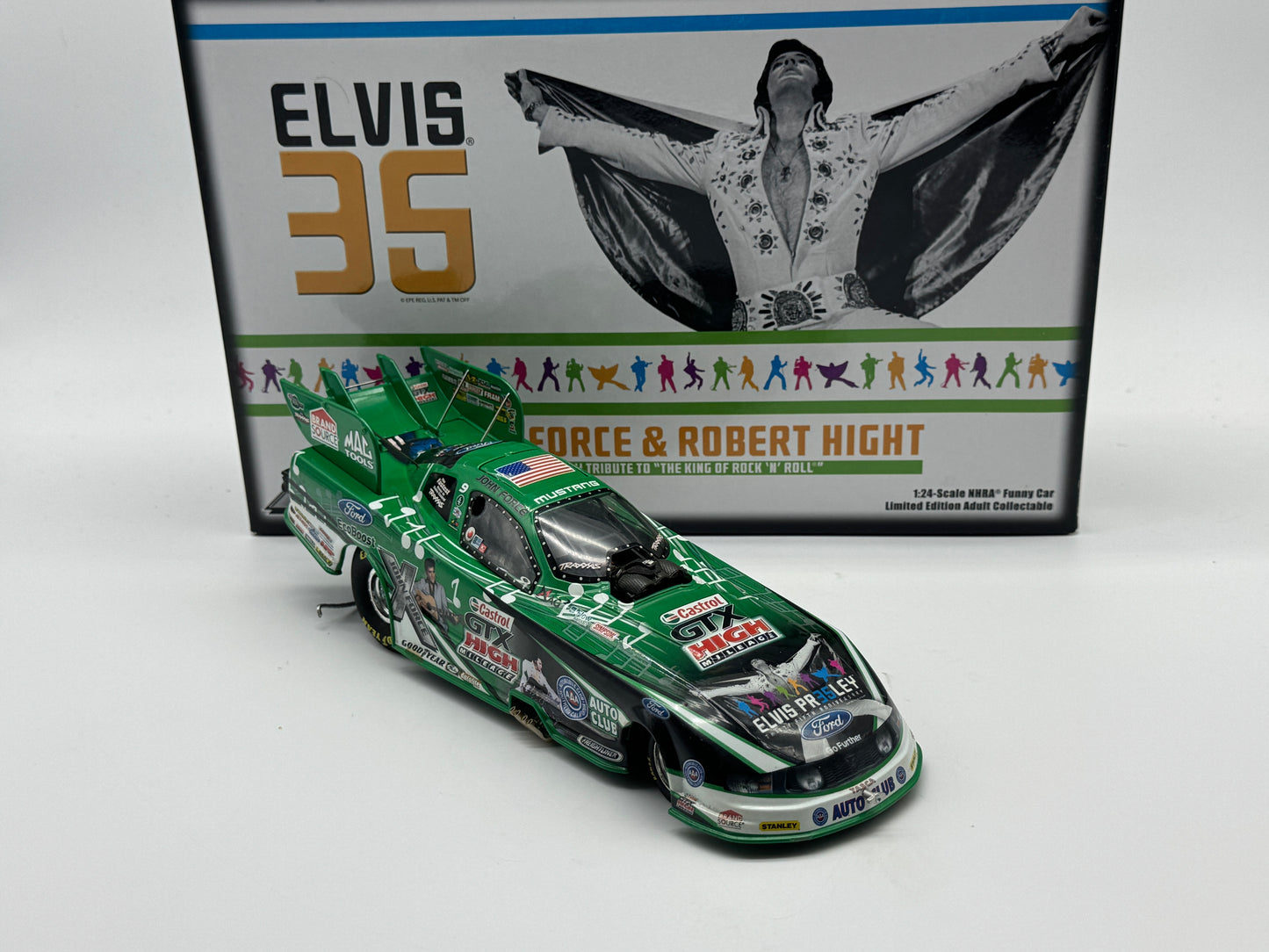 Item G350 - John Force Castrol Elvis 35th Anniversary 2012 Mustang Funny Car **DMG** Do not list yet