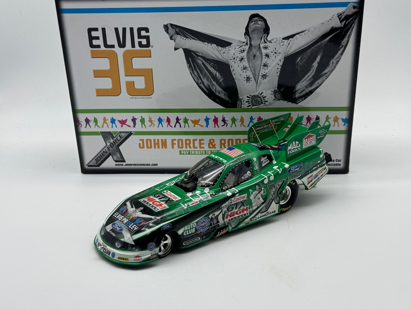 Item G350 - John Force Castrol Elvis 35th Anniversary 2012 Mustang Funny Car **DMG** Do not list yet