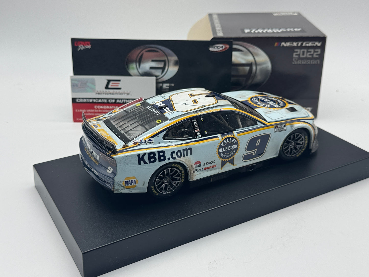 Item N349 - CHASE ELLIOTT #9 Kelley Blue Book Bristol Dirt Race Version 2022 Camaro ZL1 Elite Autographed